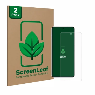 Front side of a product packaging with the brand logo ScreenLeaf. Next to it is the device OnePlus Nord 4 shown with the corre