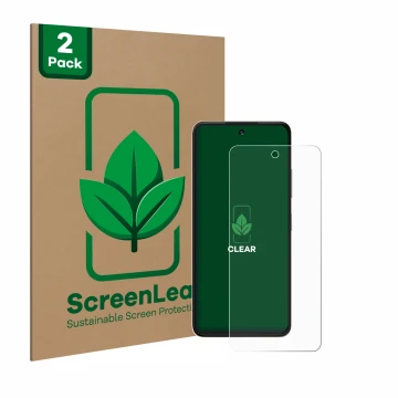 Front side of a product packaging with the brand logo ScreenLeaf. Next to it is the device ZTE Blade V60 Vita shown with the c