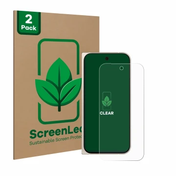 Front side of a product packaging with the brand logo ScreenLeaf. Next to it is the device Google Pixel 9 Pro Fold shown with 