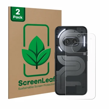 Front side of a product packaging with the brand logo ScreenLeaf. Next to it is the device Nothing Phone (2a) Plus (Back) show