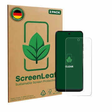 Front side of a product packaging with the brand logo ScreenLeaf. Next to it is the device Motorola G34 5G shown with the corr
