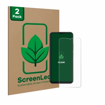 Front side of a product packaging with the brand logo ScreenLeaf. Next to it is the device ZTE Blade A54 shown with the corres