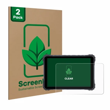 Front side of a product packaging with the brand logo ScreenLeaf. Next to it is the device Topicon MDT865 shown with the corre