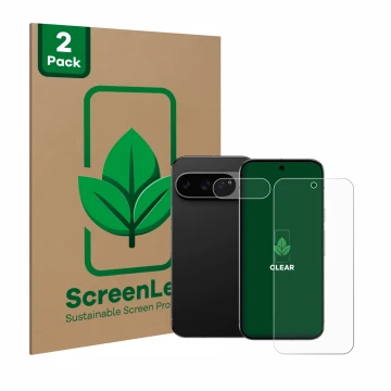 Front side of a product packaging with the brand logo ScreenLeaf. Next to it is the device Google Pixel 9 Pro XL (Front+Camera