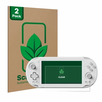 Front side of a product packaging with the brand logo ScreenLeaf. Next to it is the device AYN Odin 2 Mini shown with the corr