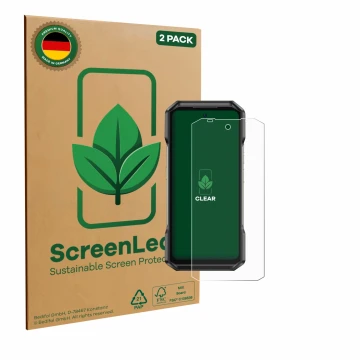 Front side of a product packaging with the brand logo ScreenLeaf. Next to it is the device Ulefone Armor 27T Pro shown with th