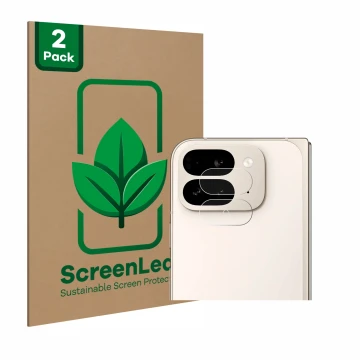 Front side of a product packaging with the brand logo ScreenLeaf. Next to it is the device Google Pixel 9 Pro Fold (ONLY Camer