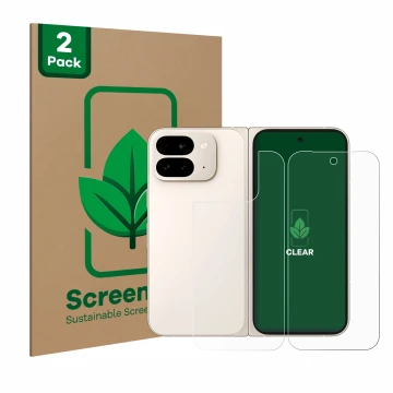 Front side of a product packaging with the brand logo ScreenLeaf. Next to it is the device Google Pixel 9 Pro Fold (Front+Back
