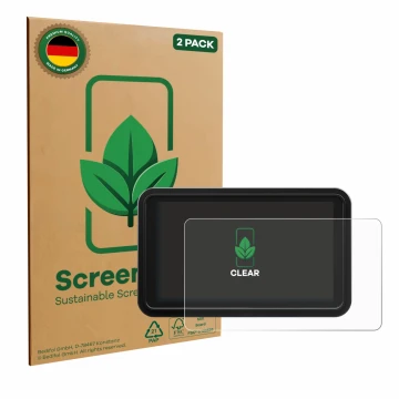 Front side of a product packaging with the brand logo ScreenLeaf. Next to it is the device Atomos Shinobi 2 shown with the cor