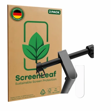 Front side of a product packaging with the brand logo ScreenLeaf. Next to it is the device Navee S65 shown with the correspond