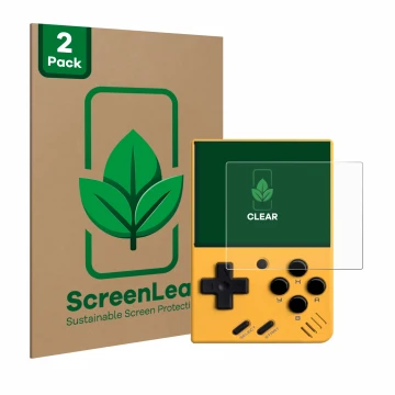Front side of a product packaging with the brand logo ScreenLeaf. Next to it is the device Miyoo Mini V4 shown with the corres