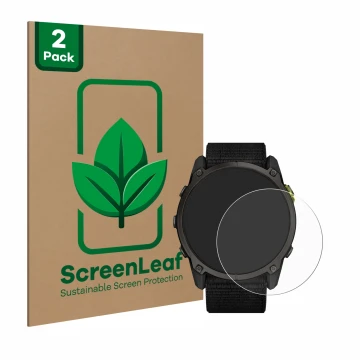 Front side of a product packaging with the brand logo ScreenLeaf. Next to it is the device Garmin Enduro 3 shown with the corr