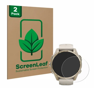 Front side of a product packaging with the brand logo ScreenLeaf. Next to it is the device Garmin Fenix 8 (43 mm) shown with t