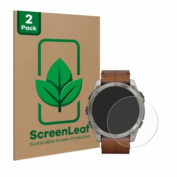Front side of a product packaging with the brand logo ScreenLeaf. Next to it is the device Garmin Fenix 8 AMOLED (51 mm) shown