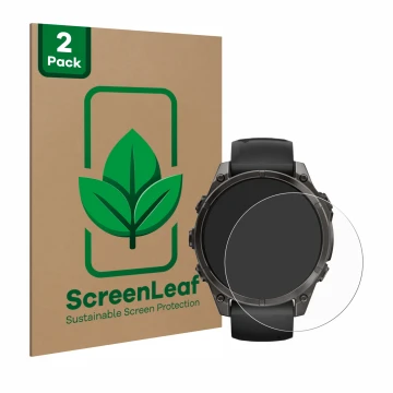 Front side of a product packaging with the brand logo ScreenLeaf. Next to it is the device Garmin Fenix 8 AMOLED (47 mm) shown
