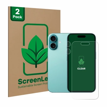 Front side of a product packaging with the brand logo ScreenLeaf. Next to it is the device Apple iPhone 16 (Front+Camera) show