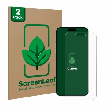 Front side of a product packaging with the brand logo ScreenLeaf. Next to it is the device Apple iPhone 16 Pro shown with the 