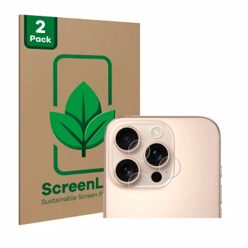 Front side of a product packaging with the brand logo ScreenLeaf. Next to it is the device Apple iPhone 16 Pro (ONLY Camera Le