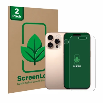 Front side of a product packaging with the brand logo ScreenLeaf. Next to it is the device Apple iPhone 16 Pro (Front+Camera) 