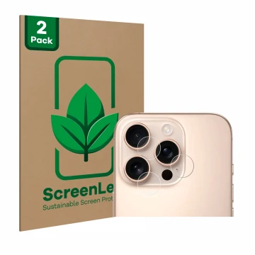 Front side of a product packaging with the brand logo ScreenLeaf. Next to it is the device Apple iPhone 16 Pro Max (ONLY Camer