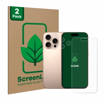 Front side of a product packaging with the brand logo ScreenLeaf. Next to it is the device Apple iPhone 16 Pro Max (Front+Came