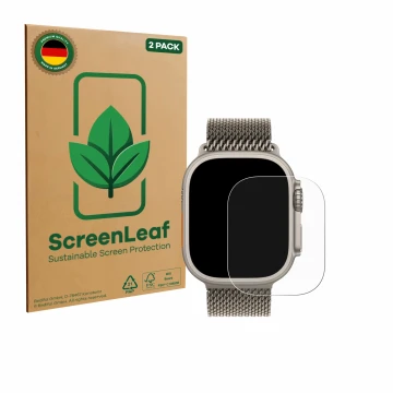 Front side of a product packaging with the brand logo ScreenLeaf. Next to it is the device Apple Watch Ultra 3 shown with the 