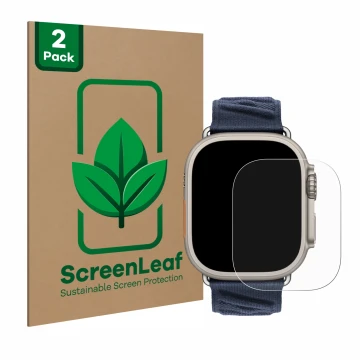 Front side of a product packaging with the brand logo ScreenLeaf. Next to it is the device Apple Watch Hermès Ultra 2 shown wi