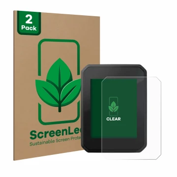 Front side of a product packaging with the brand logo ScreenLeaf. Next to it is the device FIT Display Compact 2.0 shown with 