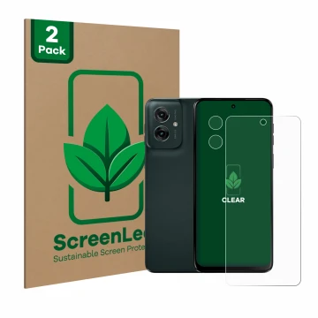 Front side of a product packaging with the brand logo ScreenLeaf. Next to it is the device Motorola Moto G55 (Front+Camera) sh