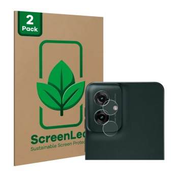 Front side of a product packaging with the brand logo ScreenLeaf. Next to it is the device Motorola Moto G55 (ONLY Camera Lens