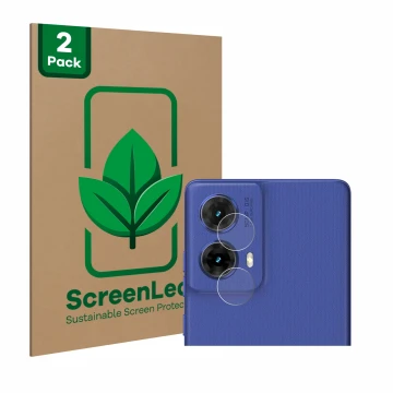 Front side of a product packaging with the brand logo ScreenLeaf. Next to it is the device Motorola Moto G85 (ONLY Camera) sho