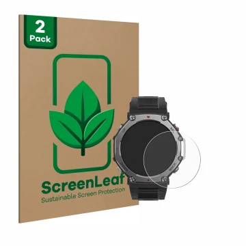 Front side of a product packaging with the brand logo ScreenLeaf. Next to it is the device Huami Amazfit T-Rex 3 shown with th