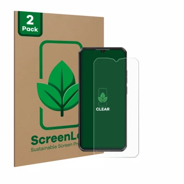 Front side of a product packaging with the brand logo ScreenLeaf. Next to it is the device Oukitel WP50 shown with the corresp