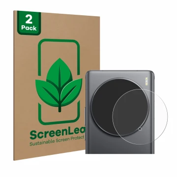 Front side of a product packaging with the brand logo ScreenLeaf. Next to it is the device Vivo X100 Ultra (ONLY Camera Lens) 