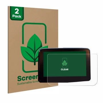 Front side of a product packaging with the brand logo ScreenLeaf. Next to it is the device Mazda 2 BJ 2024 shown with the corr