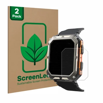 Front side of a product packaging with the brand logo ScreenLeaf. Next to it is the device Findtime Smartwatch 1.83