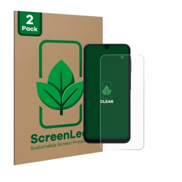 Front side of a product packaging with the brand logo ScreenLeaf. Next to it is the device Samsung Galaxy A16 5G shown with th