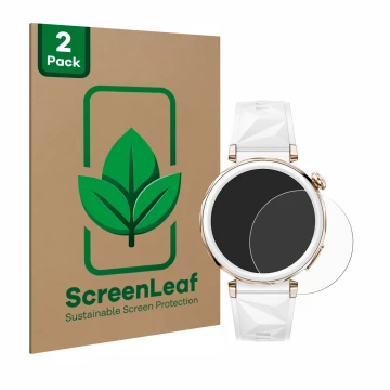 Front side of a product packaging with the brand logo ScreenLeaf. Next to it is the device Huawei Watch GT 5 Pro (42 mm) shown
