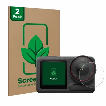 Front side of a product packaging with the brand logo ScreenLeaf. Next to it is the device DJI Osmo Action 5 Pro (Lens) shown 