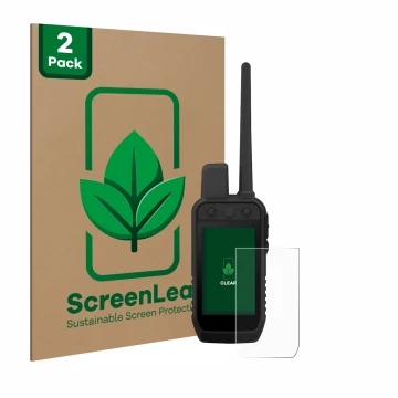 Front side of a product packaging with the brand logo ScreenLeaf. Next to it is the device Garmin Alpha 300 K shown with the c