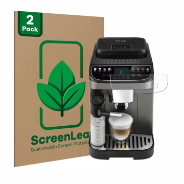 Front side of a product packaging with the brand logo ScreenLeaf. Next to it is the device DeLonghi Magnifica Evo Next shown w
