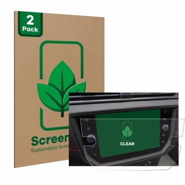 Front side of a product packaging with the brand logo ScreenLeaf. Next to it is the device Seat Arona FR Stereo BJ 2019 shown 
