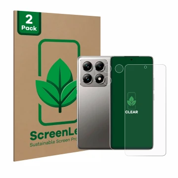 Front side of a product packaging with the brand logo ScreenLeaf. Next to it is the device Xiaomi 14T (Front+Camera) shown wit