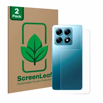 Front side of a product packaging with the brand logo ScreenLeaf. Next to it is the device Xiaomi 14T (Back) shown with the co