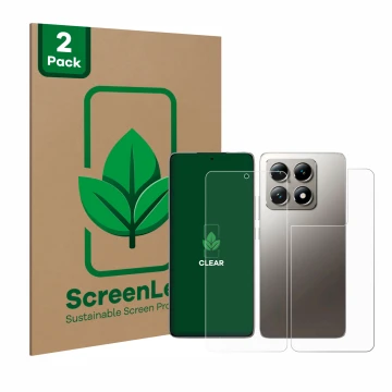 Front side of a product packaging with the brand logo ScreenLeaf. Next to it is the device Xiaomi 14T (Front+Back) shown with 