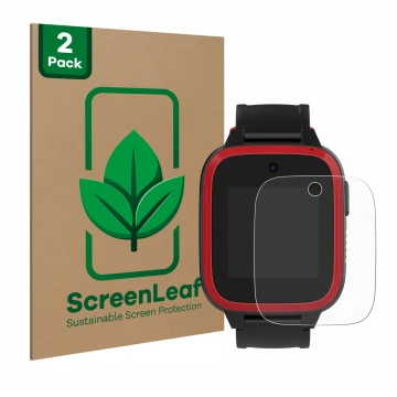 Front side of a product packaging with the brand logo ScreenLeaf. Next to it is the device Xplora Let's Go shown with the corr