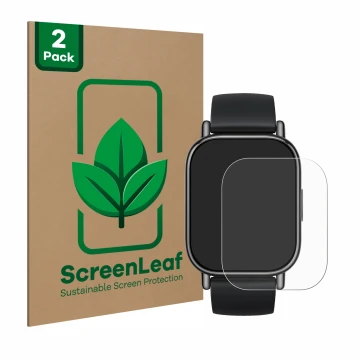 Front side of a product packaging with the brand logo ScreenLeaf. Next to it is the device Xiaomi Redmi Watch 5 Lite shown wit