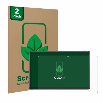 Front side of a product packaging with the brand logo ScreenLeaf. Next to it is the device Facetel Q7 11