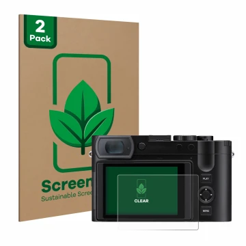 Front side of a product packaging with the brand logo ScreenLeaf. Next to it is the device Leica Q3 43 shown with the correspo