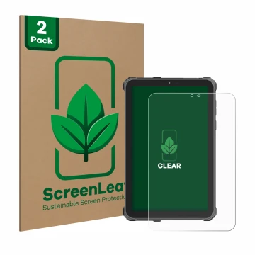 Front side of a product packaging with the brand logo ScreenLeaf. Next to it is the device Oukitel RT3 Pro shown with the corr